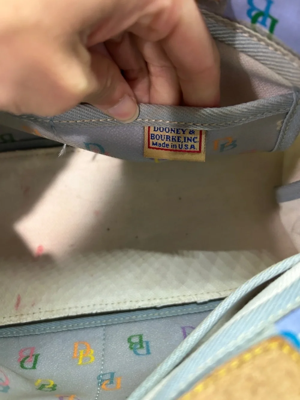 Dooney & Bourke Uncoated Light Blue Multicolor Logo Tote with Tan Handles